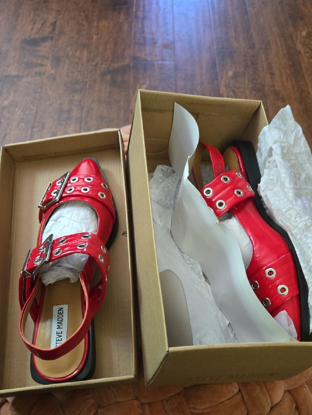 Steve Madden Red Patent Slingback Flats with Grommet Buckles
